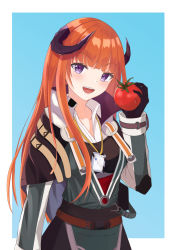 Rule 34 | 1girl, :d, arknights, bagpipe (arknights), black gloves, blue background, border, commentary request, doku-doku, food, gloves, hand up, head tilt, high collar, highres, holding, holding food, horns, jacket, long hair, long sleeves, looking at viewer, open mouth, orange hair, outside border, partial commentary, purple eyes, smile, solo, tomato, upper body, very long hair, white border