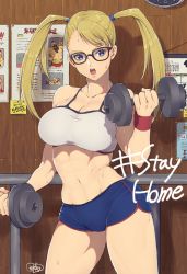 Rule 34 | 1girl, bare shoulders, blonde hair, blue eyes, blue shorts, breasts, cleavage, cowboy shot, dumbbell, exercising, glasses, highres, large breasts, midriff, murata tefu, navel, open mouth, rainbow mika, short shorts, shorts, sports bra, stomach, street fighter, sweat, thighs, twintails, weights, wristband, zangief