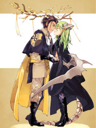 Rule 34 | 1boy, 1girl, antlers, black footwear, black gloves, boots, brown background, brown hair, byleth (female) (fire emblem), byleth (fire emblem), claude von riegan, closed eyes, coat, couple, dragon horns, dragon tail, dragon wings, face-to-face, fire emblem, fire emblem: three houses, full body, gloves, green eyes, green hair, hair slicked back, hetero, highres, holding hands, horns, imminent kiss, living (nsiring), looking at another, medium hair, neckerchief, nintendo, pants, profile, short hair, simple background, smile, standing, tail, two-tone background, white background, wings