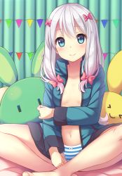 Rule 34 | 10s, 1girl, barefoot, bow, bow panties, breasts, eromanga sensei, hair bow, indian style, izumi sagiri, jacket, long hair, looking at viewer, navel, open clothes, open jacket, panties, pink bow, revision, sei000, silver hair, sitting, small breasts, smile, solo, striped clothes, striped panties, stuffed animal, stuffed rabbit, stuffed toy, underwear