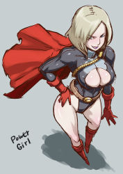 Rule 34 | 1girl, alternate costume, animification, belt, belt skirt, blonde hair, blue eyes, bob cut, boots, breasts, butcha-u, cape, cleavage, cleavage cutout, clothing cutout, dark persona, dc comics, female focus, from above, full body, gloves, hand on own hip, hip focus, kryptonian, large breasts, lips, lipstick, makeup, power girl, red cape, short hair, skin tight, solo, standing, superhero costume, superman (series), wide hips