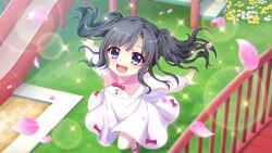 Rule 34 | 1girl, aged down, airplane arms, black hair, blue eyes, blurry, blurry foreground, bow, child, dot nose, dress, falling petals, film grain, flower, flower request, from above, game cg, grass, happy, itsumura yukari, izumi tsubasu, lens flare, medium hair, non-web source, official art, open mouth, outdoors, outstretched arms, petals, pink dress, pink footwear, pink petals, playground, railing, re:stage!, red bow, running, sand, shoes, slide, smile, solo, sparkle, spread arms, teeth, two side up, upper teeth only, white flower, yellow flower