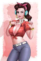 Rule 34 | 1girl, bangle, belt, blue pants, border, bracelet, breasts, brown eyes, brown hair, choker, cleavage, collarbone, collared shirt, commentary, contrapposto, cowboy shot, cruiser d.va, d.va (overwatch), earrings, fingernails, front-tie top, hair ribbon, hand on own chest, headphones, hoop earrings, jewelry, kyoffie, long fingernails, looking at viewer, medium breasts, medium hair, midriff, nail polish, navel, no bra, official alternate costume, one eye closed, overwatch, overwatch 1, pants, pink background, ponytail, red lips, red nails, red shirt, ribbon, shadow, sharp fingernails, shirt, short sleeves, smile, solo, standing, unbuttoned, unbuttoned shirt, white border, white choker