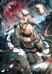 Rule 34 | 1girl, :o, absurdres, arknights, black collar, black gloves, bodysuit, breasts, chewi, choker, collar, collarbone, demon horns, dutch angle, ear piercing, gloves, grey hair, hammer, highres, holding, holding hammer, horns, infection monitor (arknights), long hair, long sleeves, looking at viewer, material growth, monster, mudrock (arknights), navel, open bodysuit, open clothes, oripathy lesion (arknights), outdoors, piercing, pointy ears, red eyes, revision, sarashi, small breasts, solo, war hammer, weapon, white footwear