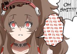Rule 34 | 1girl, alph (sancheck), angelina (arknights), arknights, black choker, brown hair, choker, empty eyes, english text, hair between eyes, hairband, long hair, looking at viewer, parted lips, portrait, red eyes, sanpaku, sidelocks, solo, speech bubble, twintails, two-tone hairband, yandere