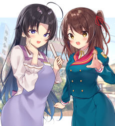 Rule 34 | 2girls, :d, ahoge, apron, black hair, blue shirt, blue sky, blurry, blurry background, blush, breasts, brown eyes, brown hair, collared shirt, commentary request, copyright request, depth of field, dress, folded fan, folding fan, forehead, gyozanuko, hair between eyes, hair ribbon, hand fan, hands up, highres, holding, holding fan, juliet sleeves, long hair, long sleeves, looking at viewer, medium breasts, multiple girls, one side up, open mouth, parted bangs, puffy sleeves, purple apron, purple eyes, red ribbon, ribbon, school uniform, shirt, shogi piece, sky, smile, teeth, upper teeth only, very long hair, white dress, white shirt