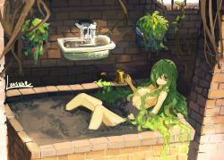 Rule 34 | 1girl, artist name, breasts, brick wall, brown eyes, commentary request, creeper (plant), dirt, fountain, green hair, hair censor, hair over one eye, lansane, long hair, monster girl, original, plant, plant girl, planter, sidelocks, signature, sitting, small breasts, smile, solo, topless, vines, watering can, window