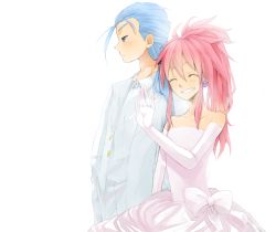 Rule 34 | 1boy, 1girl, arche klein, blue eyes, blue hair, blush, chester burklight, couple, dress, formal, gloves, gradient background, hetero, husband and wife, jewelry, ki (mxxxx), long hair, pink hair, ponytail, ring, smile, suit, tales of (series), tales of phantasia, wedding dress, wide ponytail