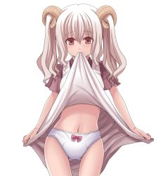 Rule 34 | 1girl, amane hasuhito, bad id, bad pixiv id, blonde hair, blush, bow, bow panties, character request, clothes in mouth, clothes lift, demon girl, dress, dress in mouth, dress lift, hair between eyes, horns, lifted by self, long hair, mouth hold, navel, panties, pink eyes, sheep horns, simple background, solo, source request, stomach, underwear, white background, white panties