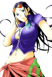 Rule 34 | 1girl, black hair, blue eyes, blue shirt, breasts, center opening, cleavage, cowboy shot, crop top, eyelashes, eyewear on head, from below, glasses, hair slicked back, hand up, highres, long hair, looking at viewer, looking down, midriff, navel, nico robin, no bra, one piece, open clothes, open shirt, pink skirt, sarong, shirt, short sleeves, simple background, skirt, smile, solo, sunglasses, unzipped, white background, zipper