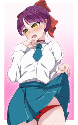 Rule 34 | 1girl, blue necktie, blue skirt, blush, bow, cat girl, choker, clothes lift, collared shirt, cosplay, cowboy shot, dress shirt, gegege no kitarou, gluteal fold, gradient background, hair bow, highres, inuyama mana, inuyama mana (cosplay), konboi-eg, lifting own clothes, long sleeves, looking away, miniskirt, necktie, nekomusume, nekomusume (gegege no kitarou 6), nose blush, open mouth, panties, pleated skirt, pointy ears, purple hair, red bow, red choker, red panties, school uniform, shirt, short hair, short sleeves, skirt, skirt lift, solo, underwear, white shirt, yellow eyes