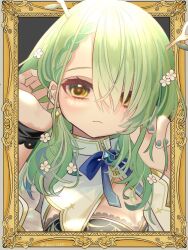 Rule 34 | 1girl, adjusting hair, antlers, blue nails, blue ribbon, border, braid, breasts, ceres fauna, ceres fauna (1st costume), chajo1225, cleavage, earrings, eyelashes, flower, green hair, hair flower, hair ornament, highres, hololive, hololive english, horns, jewelry, long hair, looking at viewer, looking to the side, mole, mole under eye, one eye covered, ornate border, outside border, picture frame, ribbon, solo, virtual youtuber, yellow eyes