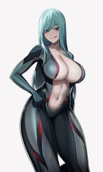 Rule 34 | 1girl, :q, aqua hair, bodysuit, breasts, cero (last2stage), cleavage, collarbone, commentary, commission, english commentary, grey bodysuit, highres, large breasts, long hair, looking at viewer, navel, original, red eyes, simple background, skin tight, smile, thighs, tongue, tongue out, white background