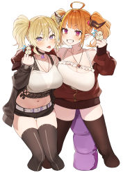 Rule 34 | 2girls, absurdres, ahoge, arm over shoulder, bare shoulders, belt, black choker, black jacket, black legwear, black shorts, blonde hair, blunt bangs, bow, breast press, breasts, camisole, censored, censored gesture, choker, cleavage, cleavage cutout, clothing cutout, coco kaine, collarbone, crop top, cropped legs, diagonal-striped bow, dragon girl, dragon horns, dragon tail, earrings, eyes visible through hair, frilled camisole, frills, grin, hair between eyes, hair intakes, hand up, heart, heart earrings, highres, hololive, horn bow, horn ornament, horns, jacket, jewelry, kiryu coco, kiryu coco (loungewear), large breasts, long sleeves, looking at viewer, medium hair, middle finger, midriff, mole, mole on breast, mole under eye, multicolored eyes, multicolored hair, multiple girls, navel, off shoulder, official alternate costume, omaru (0marufestival), open clothes, open jacket, orange hair, partially unzipped, pointless censoring, pointy ears, purple eyes, red eyes, red jacket, see-through, shirt, short shorts, short twintails, shorts, sidelocks, simple background, smile, spaghetti strap, strap slip, streaked hair, striped, striped bow, tail, thighhighs, tongue, tongue out, track jacket, twintails, virtual youtuber, white background, white belt, white camisole, white shirt