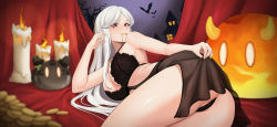 Rule 34 | 1girl, ass, bare shoulders, bat (animal), black bra, black panties, blood, blood drip, blood on face, blush, bra, breasts, candle, cleavage, fang, fang out, genshin impact, halloween, highres, lace trim, large breasts, lips, long hair, looking at viewer, lying, mora (genshin impact), ningguang (genshin impact), on side, panties, partially visible vulva, red curtains, red eyes, sidelocks, slime (genshin impact), solo, sp123, thighs, underwear