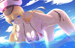 Rule 34 | 10s, 1girl, absurdres, adapted costume, adjusting hair, all fours, barefoot, bikini, bikini under clothes, bismarck (kancolle), blonde hair, blue eyes, breasts, bubble, cleavage, cloud, colored eyelashes, crop top, day, dutch angle, from side, hanging breasts, hat, highres, kantai collection, large breasts, lens flare, light smile, long hair, looking at viewer, moonhackle, ocean, partially submerged, peaked cap, see-through, shirt, short sleeves, side-tie bikini bottom, sideboob, sky, smile, solo, sparkle, string bikini, striped bikini, striped clothes, swimsuit, swimsuit under clothes, t-shirt, very long hair, wading, water, wet, wet clothes, wet shirt, white shirt