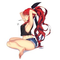 Rule 34 | 1girl, arms behind head, arms up, bare arms, bare shoulders, barefoot, black ribbon, black shirt, blue shorts, blush, breasts, character request, crop top, cutoffs, dungeon and fighter, feet, food, food in mouth, hair between eyes, hair ribbon, high ponytail, highres, ice cream, korean text, long hair, looking at viewer, looking to the side, mage (dungeon and fighter), medium breasts, mendou kusai, micro shorts, mouth hold, panties, pointy ears, ponytail, profile, red eyes, red hair, ribbon, shadow, shirt, short shorts, shorts, sideboob, sitting, soles, solo, striped clothes, striped panties, toenails, toes, underwear, very long hair, wariza, white background