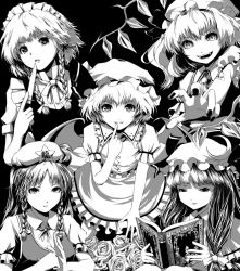 Rule 34 | 5girls, bad id, bad pixiv id, bat wings, book, braid, cupping hands, embodiment of scarlet devil, fangs, female focus, flandre scarlet, flower, fuji hyorone, greyscale, hat, hong meiling, izayoi sakuya, knife, maid, mob cap, monochrome, multiple girls, own hands together, patchouli knowledge, plant, remilia scarlet, ribbon, short hair with long locks, side braid, throwing knife, touhou, twin braids, upper body, weapon, wings