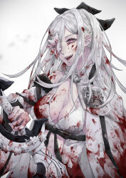 Rule 34 | 1girl, blood, blood in hair, blood on clothes, blood on face, bloody clothes, bloody dress, breasts, cleavage, detached sleeves, drag-on dragoon, drag-on dragoon 3, dress, flower, flower over eye, grin, highres, holding, holding sword, holding weapon, open mouth, pink eyes, setsumushi, single detached sleeve, smile, solo, sword, weapon, white hair, zero (drag-on dragoon)