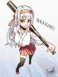 Rule 34 | 10s, 1girl, artist name, baseball bat, breasts, carrying over shoulder, clothes lift, commentary request, contrapposto, from above, gradient background, grey hair, hachimaki, hakama, hakama lift, hakama skirt, hand on own hip, headband, japanese clothes, kantai collection, large breasts, long hair, looking at viewer, red hakama, shoukaku (kancolle), sidelocks, sketch, skirt, smile, solo, standing, tamago (yotsumi works), thighhighs, yellow eyes