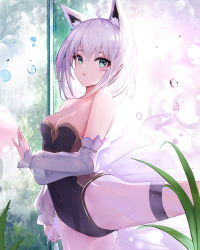 Rule 34 | 1girl, against glass, animal ear fluff, animal ears, aqua eyes, bare shoulders, black leotard, blush, breasts, cameltoe, cleavage, covered navel, cticket, detached sleeves, fox ears, gluteal fold, highres, hololive, leg up, leotard, long sleeves, looking back, parted lips, see-through, shirakami fubuki, short hair, silver hair, small breasts, solo, standing, standing on one leg, strapless, strapless leotard, thigh strap, virtual youtuber, water drop
