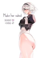 Rule 34 | 1girl, 2b (nier:automata), absurdres, ass, bare legs, black blindfold, black gloves, black hairband, black leotard, blindfold, blush, breasts, cowboy shot, facing to the side, feather-trimmed sleeves, from side, gloves, hairband, hands on own chest, highleg, highleg leotard, highres, juliet sleeves, large breasts, leotard, long sleeves, machulanko, meme, nier:automata, nier (series), parted lips, puffy sleeves, short hair, short sleeves, simple background, sleeved leotard, solo, standing, thighs, twitter strip game (meme), two-tone leotard, white background, white hair, white leotard