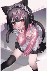Rule 34 | 1girl, animal ears, apron, between legs, black hair, black skirt, blush, candy, cat ears, cat girl, cat tail, food, frills, hair ornament, hairclip, hand between legs, highres, holding, holding candy, holding food, holding lollipop, jacket, jersey maid, lollipop, long sleeves, looking at viewer, maid, maid apron, maid day, maid headdress, name tag, original, pink jacket, pleated skirt, red eyes, saiki komari, sitting, skirt, smile, solo, tail, tongue, tongue out, track jacket, unconventional maid, white apron