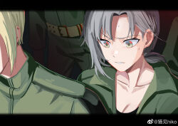 Rule 34 | 1girl, 2others, absurdres, angelia (girls&#039; frontline), breasts, cleavage, collarbone, commentary request, girls&#039; frontline, green shirt, grey hair, highres, letterboxed, mao jian hiko, medium breasts, military uniform, multiple others, nervous, ponytail, shirt, short hair, sweat, uniform, weibo watermark, yellow eyes
