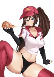 Rule 34 | 1girl, aori sora, baseball cap, black choker, black gloves, blue eyes, blush, breasts, choker, commentary, crop top, eating, elbow gloves, english commentary, fingerless gloves, food, gloves, hair between eyes, hat, highleg, highleg panties, highres, holding, holding food, large breasts, league of legends, long hair, looking at viewer, navel, no pants, panties, pizza, pizza delivery sivir, ponytail, red hat, red thighhighs, shirt, simple background, sitting, sivir, solo, spread legs, thighhighs, underwear, very long hair, white background, white panties, white shirt