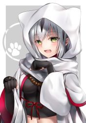 Rule 34 | 1girl, :d, absurdres, animal ears, black gloves, breasts, cat ears, claw pose, cloak, commentary request, elbow gloves, fate/grand order, fate (series), gloves, hane yuki, highres, hood, hooded cloak, looking at viewer, medium breasts, nagao kagetora (fate), open mouth, partially fingerless gloves, smile, solo, white hair, yellow eyes