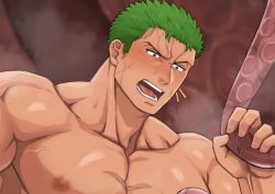 Rule 34 | 1boy, bara, blush, cropped, earrings, frown, green hair, harada (basashi), implied sex, jewelry, large pectorals, male focus, muscular, muscular male, nipples, nude, one piece, pectorals, roronoa zoro, short hair, sideburns, single earring, solo, tentacle grab, tentacles, tentacles on male, upper body, veins