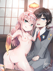Rule 34 | 10s, 1boy, 1girl, absurdres, anus, ass, bad id, bad pixiv id, black hair, blue eyes, chair, couple, covered erect nipples, darling in the franxx, food, green eyes, hair ornament, hairband, hand on another&#039;s shoulder, highres, hiro (darling in the franxx), holding, holding food, honey, honey dipper, honeypot, horns, levi storm, long hair, looking at viewer, meat, military, military uniform, nipples, oni horns, pink hair, pussy, red horns, short hair, signature, sitting, table, uncensored, uniform, white hairband, zero two (darling in the franxx)