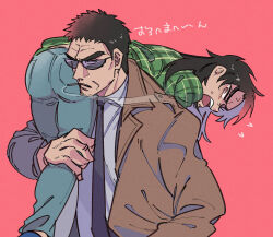 Rule 34 | 2boys, absurdres, black hair, black necktie, blue pants, brown coat, brown eyes, carrying, cigarette, coat, collared shirt, commentary request, endou yuuji, feet out of frame, fireman&#039;s carry, formal, green shirt, highres, inudori, itou kaiji, kaiji, long hair, male focus, medium bangs, multiple boys, necktie, open mouth, pants, parted bangs, pink background, plaid, plaid shirt, shirt, short bangs, short hair, simple background, smoke, smoking, suit, teeth, translation request, upper body, upper teeth only, v-shaped eyebrows, very short hair, white shirt