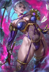 1girl aleriia_v arched_back armor claws clenched_teeth cowboy_shot elbow_gloves gloves highres holding holding_weapon holding_whip isabella_valentine see-through_clothes short_hair shoulder_armor solo soul_calibur standing teeth toned toned_female weapon whip_sword white_hair