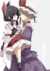 Rule 34 | 2girls, :|, adapted costume, age difference, aged down, alternate sleeve length, ankle socks, ascot, black ascot, black choker, black footwear, black hair, blonde hair, blouse, blunt bangs, blunt ends, bob cut, bow, carrying, center frills, child, child carry, choker, clenched hand, closed mouth, couple, cowboy shot, detached sleeves, expressionless, eye contact, eyelashes, face-to-face, finger to another&#039;s mouth, frilled bow, frilled hair tubes, frilled shirt, frilled shirt collar, frills, from side, full body, gloves, hair bow, hair tubes, hair up, hakurei reimu, half-closed eyes, half updo, hand on another&#039;s cheek, hand on another&#039;s face, hand on lap, hand up, hat, hat bow, loafers, long hair, long sleeves, looking at another, medium skirt, mob cap, multiple girls, nontraditional miko, onee-loli, petticoat, profile, puffy long sleeves, puffy sleeves, purple shirt, purple skirt, red bow, red ribbon, red skirt, ribbon, ribbon-trimmed sleeves, ribbon trim, sakuraba yuuki, shade, shiny footwear, shiny skin, shirt, shoes, short hair, sidelocks, simple background, sitting, skirt, skirt set, smile, socks, split mouth, standing, touhou, two-tone background, updo, white background, white gloves, white headwear, white legwear, white sleeves, wide sleeves, yakumo yukari, yuri
