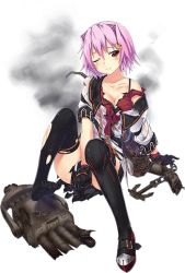Rule 34 | 1girl, black gloves, black thighhighs, boots, breasts, cleavage, collarbone, full body, gloves, high heel boots, high heels, kantai collection, machinery, official art, one eye closed, pink hair, red eyes, school uniform, serafuku, short hair, short sleeves, sitting, solo, tama (kancolle), tama kai ni (kancolle), thighhighs, torn clothes, transparent background, ugume, white background