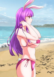 Rule 34 | 1girl, alternate costume, animal ears, beach, belly, bikini, blue sky, blurry, blurry background, blush, closed mouth, cloud, covered erect nipples, cowboy shot, day, expressionless, fingernails, forest, from side, half-closed eyes, hands in hair, highres, house, inlet, long hair, looking afar, nature, ocean, outline, pink bikini, pink lips, profile, purple hair, rabbit ears, rabbit girl, rabbit tail, red eyes, reisen udongein inaba, sand, shiny clothes, shiny skin, shiraue yuu, skindentation, sky, solo, string bikini, summer, swimsuit, tail, touhou, tree, very long hair, waves