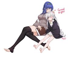 Rule 34 | 2girls, aged down, animal ears, barefoot, blanket, blue eyes, blue hair, book, breasts, crossed legs, douwo mkd, dp-12 (girls&#039; frontline), english text, girls&#039; frontline, hairband, headpat, kiss, ksvk (girls&#039; frontline), large breasts, long hair, mother and daughter, multiple girls, one eye closed, silver hair, sweater, thighhighs, wolf ears