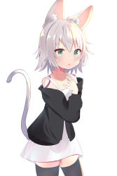 Rule 34 | 1girl, :o, absurdres, alternate costume, animal ear fluff, animal ears, bandages, bare shoulders, black jacket, black thighhighs, blush, cat ears, cat girl, cat tail, chorome1122, collarbone, commentary request, cowboy shot, dress, fate/apocrypha, fate/grand order, fate (series), green eyes, hand on own chest, hand up, highres, jack the ripper (fate/apocrypha), jacket, long sleeves, looking at viewer, off-shoulder jacket, off shoulder, scar, scar across eye, scar on face, short hair, shoulder tattoo, silver hair, simple background, solo, tail, tattoo, thighhighs, white background, white dress, zettai ryouiki