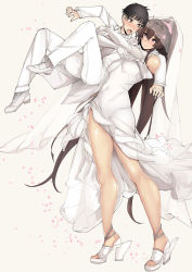 Rule 34 | 1boy, 1girl, admiral (kancolle), alternate costume, bare shoulders, black hair, blush, breasts, bridal veil, bride, brown hair, cherry blossoms, covered navel, dress, elbow gloves, formal, full body, gloves, groom, hair between eyes, height difference, high heels, jewelry, kantai collection, large breasts, lifting person, long hair, long sleeves, looking at another, no legwear, nose blush, open mouth, pants, ponytail, purple eyes, rib:y(uhki), ring, rudder footwear, sandals, short hair, simple background, smile, standing, suit, tall, tall female, tuxedo, veil, very long hair, wedding band, wedding dress, white background, white dress, white footwear, white gloves, white pants, white suit, yamato (kancolle)