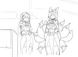 Rule 34 | 2girls, absurdres, animal ears, braid, breasts, capelet, covered erect nipples, crown braid, fox ears, fox girl, fox tail, greyscale, habit, hair between eyes, hairband, highres, large breasts, less, long hair, looking at viewer, monochrome, multiple girls, multiple tails, nun, original, own hands clasped, own hands together, pelvic curtain, robe, short hair, sketch, smile, tail, thighhighs