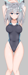 Rule 34 | 1girl, animal ear fluff, animal ears, arms behind head, arms up, bare arms, bare shoulders, black one-piece swimsuit, blue archive, blue eyes, breasts, closed mouth, collarbone, commentary request, competition swimsuit, covered navel, feet out of frame, grey background, grey hair, groin, hair between eyes, hair ornament, halo, highres, holding another&#039;s wrist, iseshi, medium breasts, one-piece swimsuit, shiroko (blue archive), shiroko (swimsuit) (blue archive), simple background, smile, solo, standing, swimsuit, wolf ears