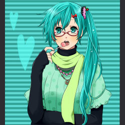 Rule 34 | 1girl, alternate hairstyle, aqua eyes, aqua hair, bad id, bad pixiv id, bespectacled, bow, candy, casual, earrings, food, glasses, green scarf, hair bow, hair ornament, hairclip, hatsune miku, jewelry, kurok0, kuroko (pixiv1284201), lollipop, long hair, necklace, red-framed eyewear, scarf, side ponytail, sleeves past wrists, solo, striped, striped background, vocaloid