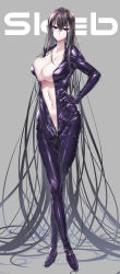 Rule 34 | 1girl, black bodysuit, black hair, bodysuit, breasts, collarbone, commentary request, commission, fate/grand order, fate (series), full body, glasses, grey background, hand on own hip, highres, large breasts, latex, latex bodysuit, long hair, long sleeves, murasaki shikibu (fate), navel, pale skin, purple eyes, sasakuma kyouta, shiny clothes, shiny skin, signature, simple background, skeb commission, skin tight, stomach, very long hair, zipper pull tab