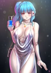 Rule 34 | 1girl, alcohol, alternate costume, android, artificial eye, azur lane, backless dress, backless outfit, bag, bare shoulders, blue hair, blunt bangs, bracelet, breasts, cleavage, cocktail glass, cup, doll joints, dress, drinking glass, evening gown, finalcake, grey dress, halter dress, halterneck, handbag, holding, holding cup, jewelry, joints, large breasts, looking at viewer, mechanical eye, mechanical hands, necklace, no bra, parted lips, pelvic curtain, pink eyes, plunging neckline, revealing clothes, side ponytail, sidelocks, silver dress, st. louis (azur lane), st. louis (luxurious wheels) (azur lane), thighs, va-11 hall-a