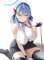 Rule 34 | 1girl, ako (blue archive), black gloves, black skirt, black thighhighs, blue archive, blue eyes, blue hairband, blue ribbon, breasts, collar, garter straps, gloves, hair ribbon, hairband, half gloves, highres, holding, holding leash, keenh, large breasts, leash, looking at viewer, parted lips, pencil skirt, ribbon, shirt, sideboob, sitting, skirt, sleeveless, sleeveless shirt, solo, tearing up, thighhighs, wariza, white background, white shirt