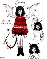 Rule 34 | 1girl, :d, absurdres, bags under eyes, black eyes, black footwear, black hair, black skirt, blush, boots, christmas lights, christmas sweater, hand up, highres, horns, long sleeves, looking at viewer, matilda fiship, medium hair, multiple views, open mouth, original, parted lips, red sweater, simple background, skirt, smile, spread wings, sweater, tail, white background, wings