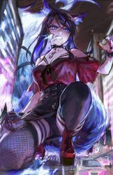Rule 34 | 1girl, absurdres, animal ears, black hair, blue eyes, blue fire, blue hair, bracelet, breasts, car, cleavage, clenched teeth, collar, commentary, english commentary, fire, giant, giantess, highres, indie virtual youtuber, jewelry, large breasts, looking to the side, motor vehicle, multicolored hair, on one knee, open hand, second-party source, sinder (vtuber), sinder (vtuber) (1st costume), solo, spiked bracelet, spiked collar, spikes, streaked hair, teeth, tentsuu (tentwo), thigh strap, thighhighs, v-shaped eyebrows, virtual youtuber, wolf ears