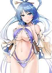 Rule 34 | 1girl, bare shoulders, blue eyes, blue hair, blue one-piece swimsuit, blush, breasts, closed mouth, commentary request, cowboy shot, groin, hair ornament, hair rings, hair stick, hand up, highres, jacket, kaku seiga, large breasts, lips, long sleeves, looking at viewer, navel, o-ring, o-ring swimsuit, off shoulder, one-piece swimsuit, open clothes, open jacket, pink lips, shawl, short hair, simple background, sketch, slingshot swimsuit, smile, solo, stomach, swimsuit, thigh gap, thighs, touhou, underboob, wavy hair, white background, white jacket, y2