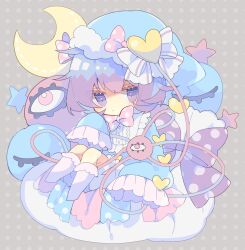 Rule 34 | 1girl, alternate costume, bloomers, blue dress, blue hat, bow, bowtie, buttons, center frills, chibi, closed mouth, cloud, collar, collared dress, commentary, crescent moon, dress, expressionless, frilled collar, frilled sleeves, frilled socks, frills, fur-trimmed headwear, fur trim, grey background, hand up, hat, hat ornament, heart, heart hat ornament, highres, kneehighs, komeiji satori, long sleeves, looking at viewer, moon, multiple hat bows, nightcap, nikorashi-ka, on cloud, pajamas, pink bow, pink bowtie, polka dot, polka dot background, polka dot bow, polka dot bowtie, purple bow, purple eyes, purple hair, short dress, short hair, sitting, sleeves past fingers, sleeves past wrists, socks, solo, star (symbol), striped, striped bow, third eye, touhou, traditional bowtie, underwear, white bloomers, white bow, white collar, white socks, wide sleeves